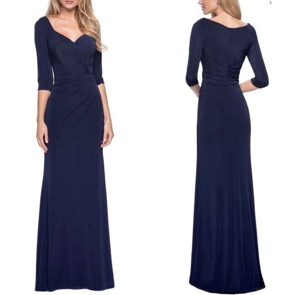 NWT La Femme 26955 Full Length Draped Ruched Bodice 3/4 Sleeve Gown in Navy 6